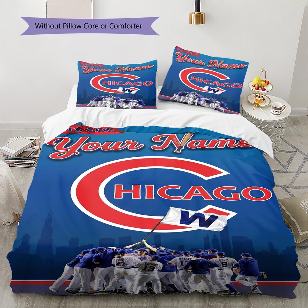 Name Custom Chicago Cubs Pattern Bedding Set Quilt Cover Pillowcase Home Decor Gift (1 * Duvet Cover + 2 * Pillowcase, Without Core)