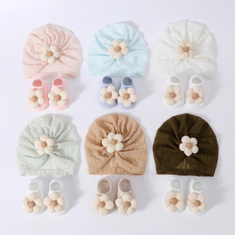 Elastic Infant Turban Hat Breathable Fetal Caps & Matching Socks Set Stylish Girls Clothing Accessories for Baby