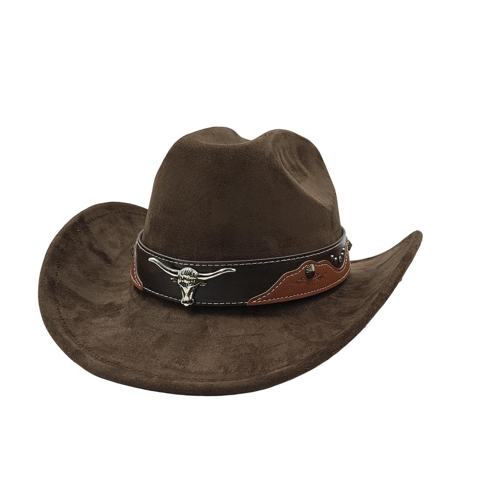 Cow Head Belt Suede Leather 7.5Cm Western Cowboy Fedora Hat Women'S Men'S Church Jazz Hat Fashion Travel Party Hat Denim Hat