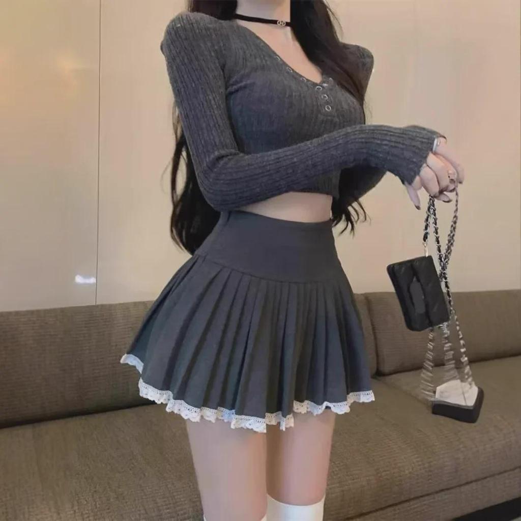 Autumn/Winter Slim V-Neck Sweater & Pleated A-Line Skirt Set