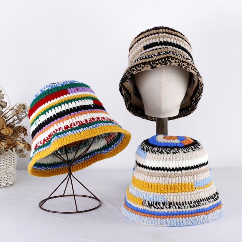 Popular Female Hat Knitting Bucket Hat Handmade Crochet Rainbow Fisherman Hat Women Girl Photo Beanie Warm Striped Cap