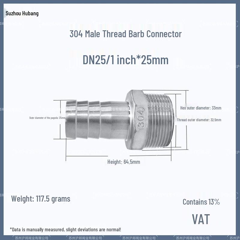 1" Hexagonal Barb Connector, 304 Stainless Steel for Water Pipe Hose, 316 Male Thread Plug