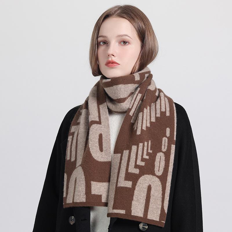 Letter Design Versatile Pure Wool Scarf Fashion Warm Small Wide Shawl Autumn and Winter New 100 Wool Scarf