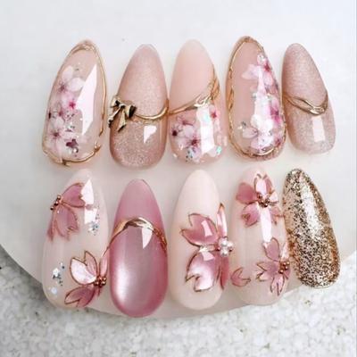 24 pièces Manucure Longues Amande Faux Ongles Vague Aurore Français Faux Ongles Fleur Éclat d'Étoiles Amovibles Press on Nails DIY