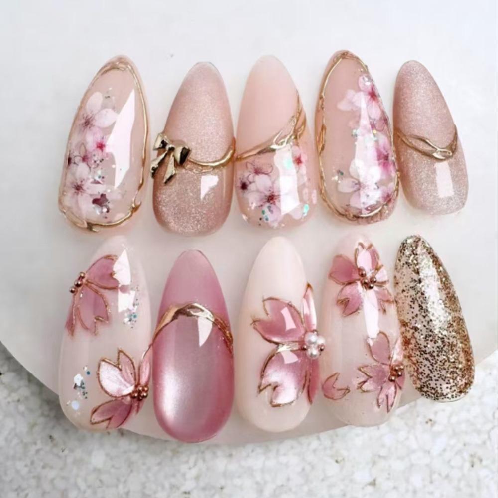 24pcs Manicure Long Almond False Nails Aurora Wave Bow Pearl Press On Nails Detachable Flower Starburst Fake Nials DIY