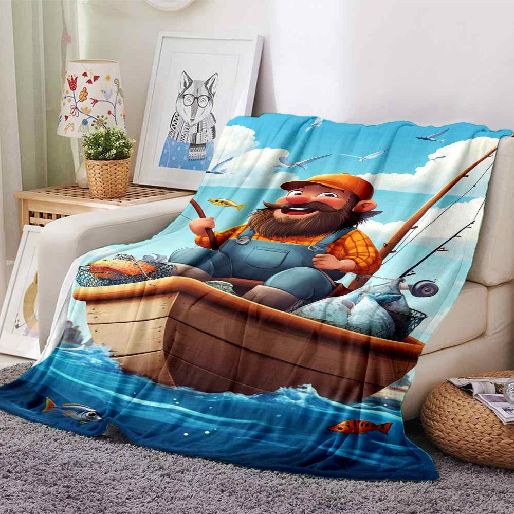Cartoon Fisherman Boat Ocean Fish Print Flannel Throw Blanket Soft Plush Blanket for Sofa Couch Bedroom Home Decor