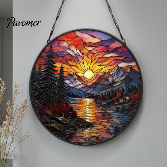 Creative Housewarming Gifts Stained Glass Style Suncatcher, Mountain Sunset Landscape Window Hanging Ornament, Colorful Sunrise Art Decor Sun Catcher