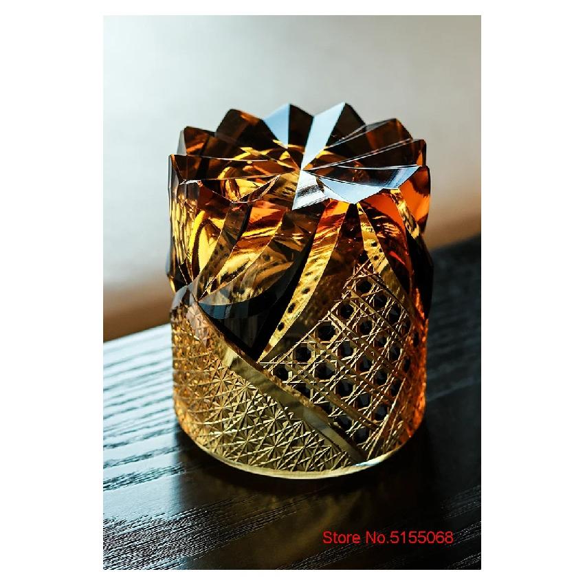 Japanese Black Warrior Armor Edo Kiriko Whisky Rock Glass Amber Crystals Whiskey Cup High-end Wine Glass Hand Cut Brandy Snifter