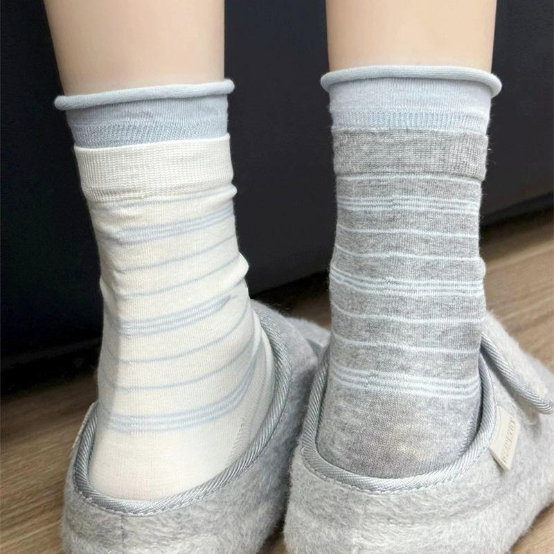 Sea Salt Cheese ~ Early Autumn Color-blocked Striped Pile-up Socks ~ So Cool! Color-blocking Double-slit Socks for Women