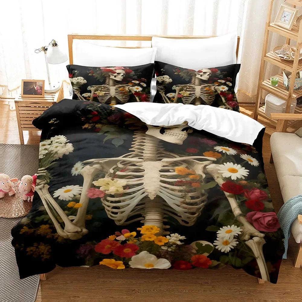 3Pcs Halloween Bedding Set Cartoon Skeleton Pattern Bedroom Decor Soft Fiber For Kids Halloween Decoration Bedding Set