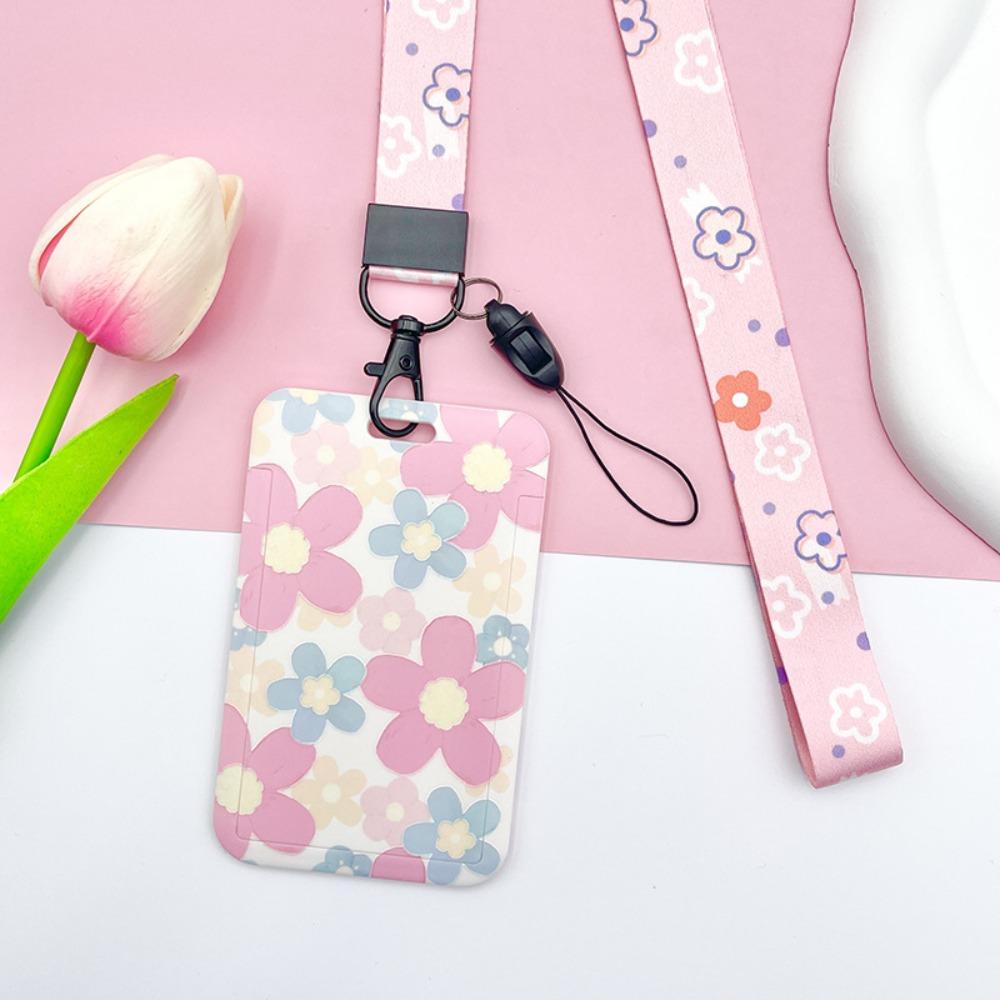 Sweet Floral Card Protective Sleeve Neck Strap Lanyard Card Holder Cute Card Case  ID/Bus/Bank Card