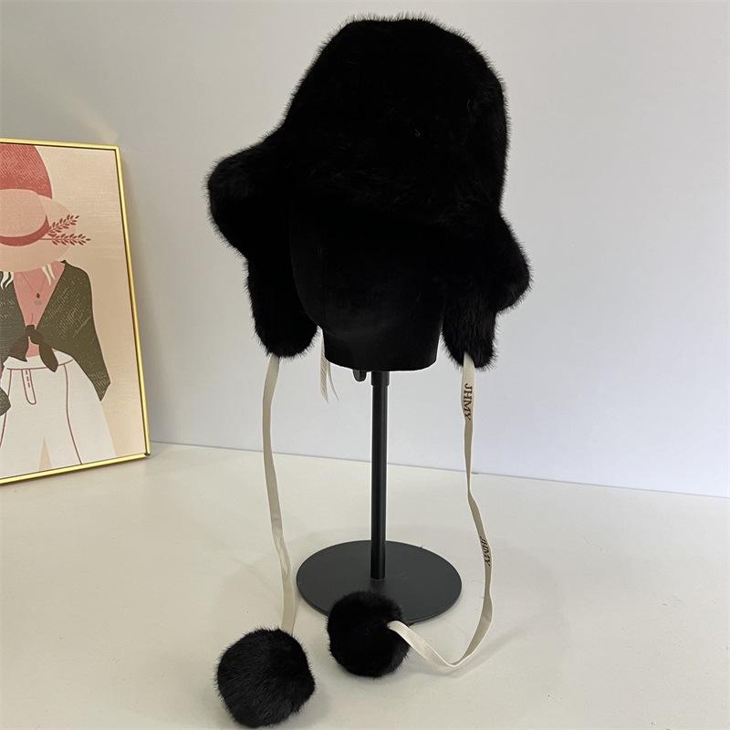 

Однотонная шапка-ведро с плюшевыми наушниками на завязках, женская, осенне-зимняя, теплая, для велоспорта, детская M（56-58cm） чёрный