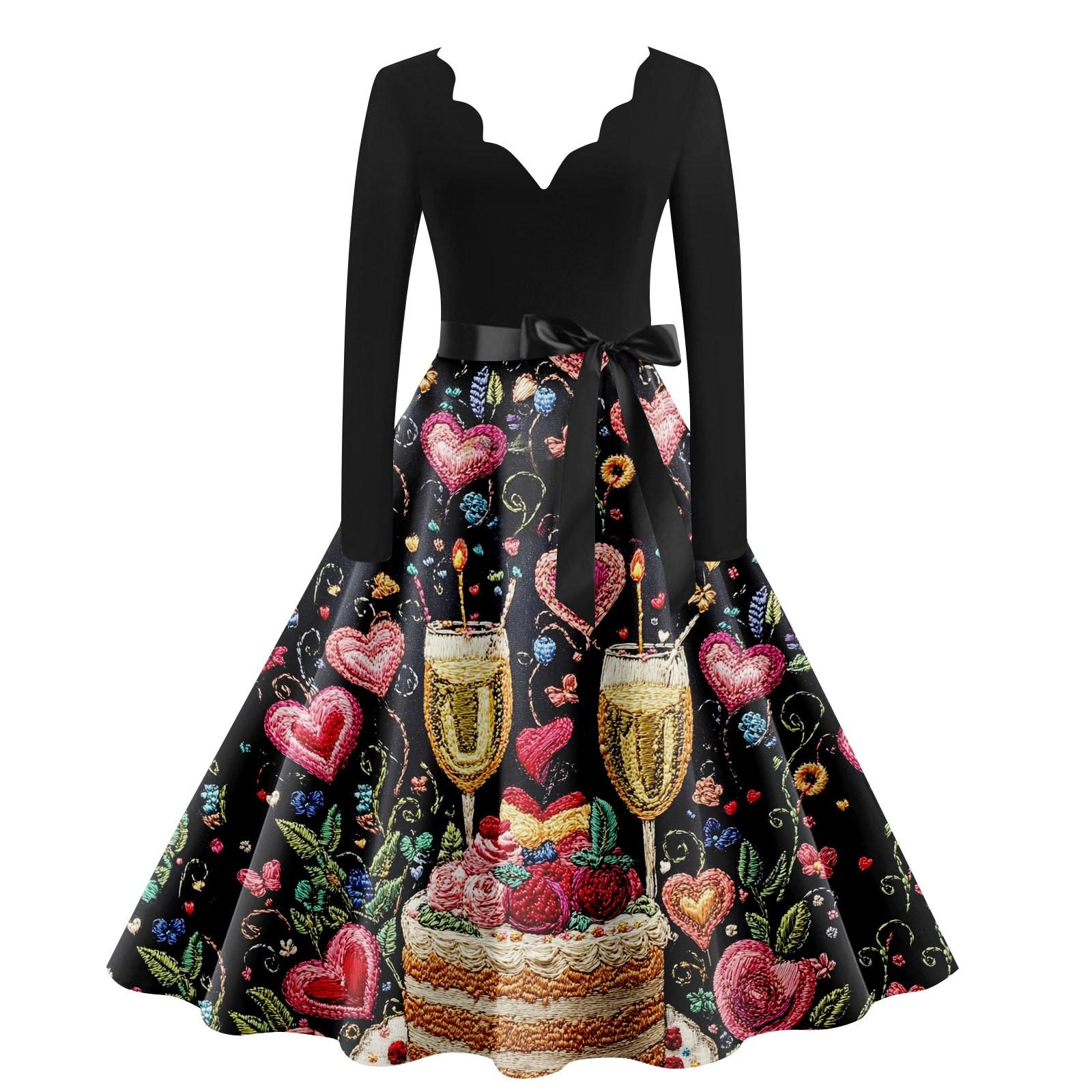 

Женское повседневное модное платье с V-образным вырезом и длинным рукавом с милым принтом в винтажном стиле M чёрный