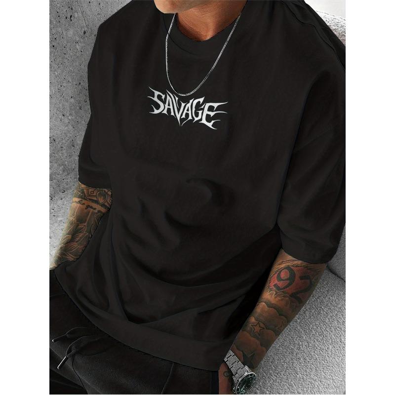 European Size Men's Gothic Geometric Print T-Shirt, Casual Street Style, Round Neck, Loose Fit