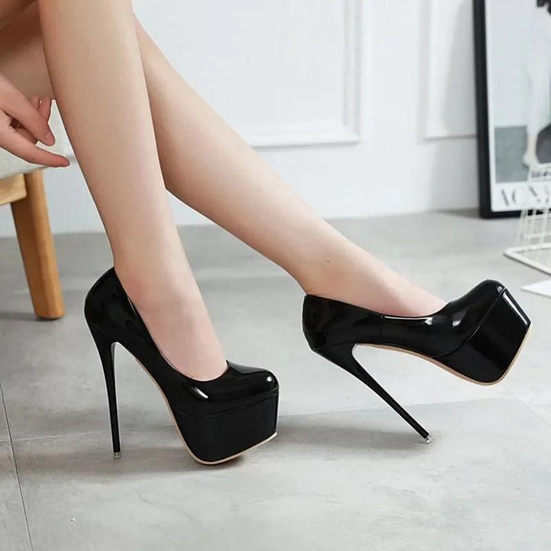 Fashion Women Sexy Thin High Heels 16cm Pumps Black Patent Leather Fashion Heels for Women Platform Wedding Nightclub Party Dress Shoes