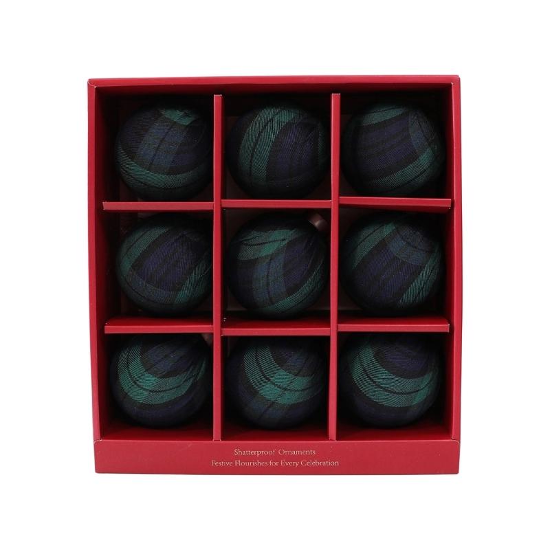 Stoffummantelte Weihnachtskugel-Ornament, 9 Stück karierte Kugeln Hängedekoration Set für Baumschmuck und Feiertagsdekorationen