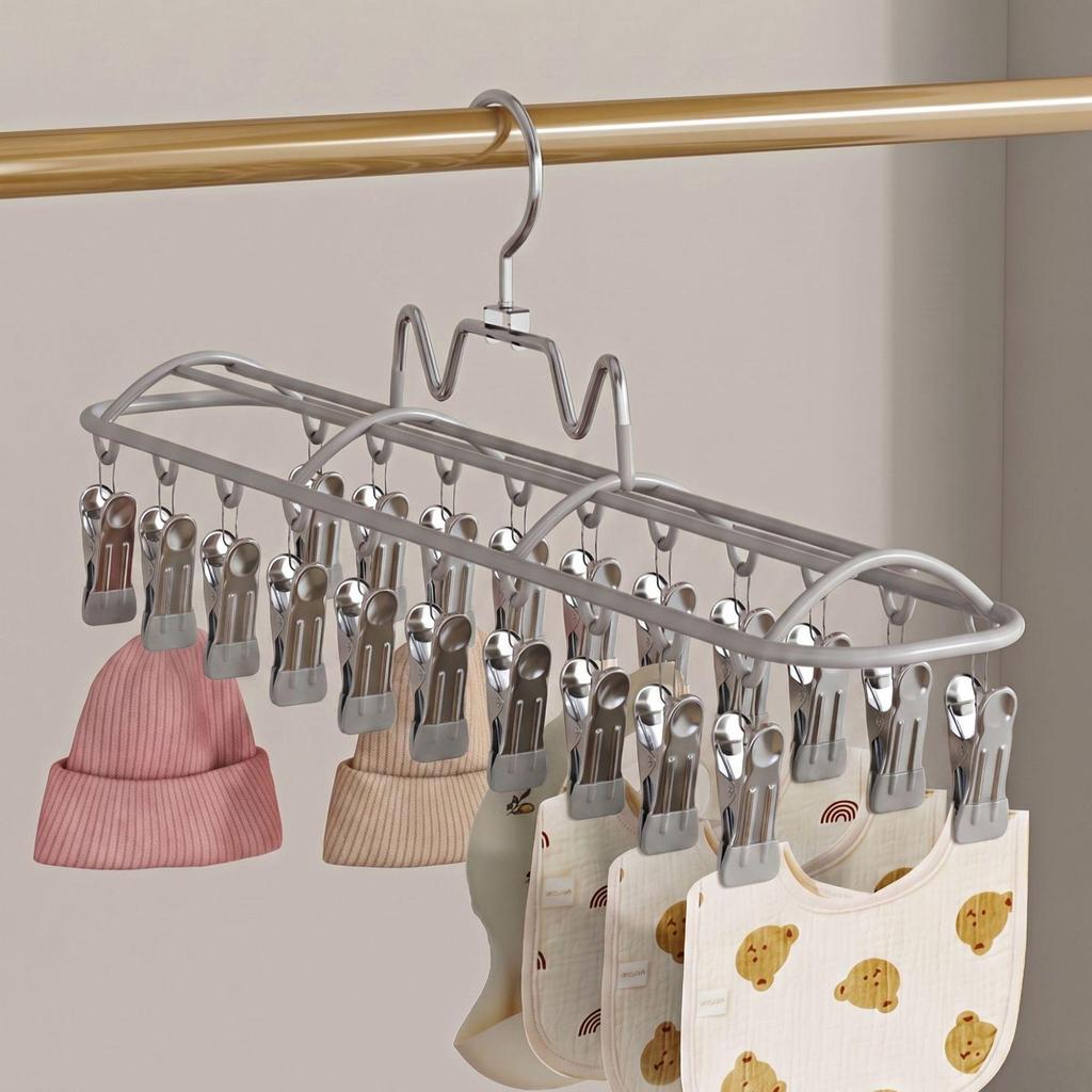 Stainless Steel 20-Clip Sock & Underwear Drying Rack – Windproof Balcony Clothes Hanger
