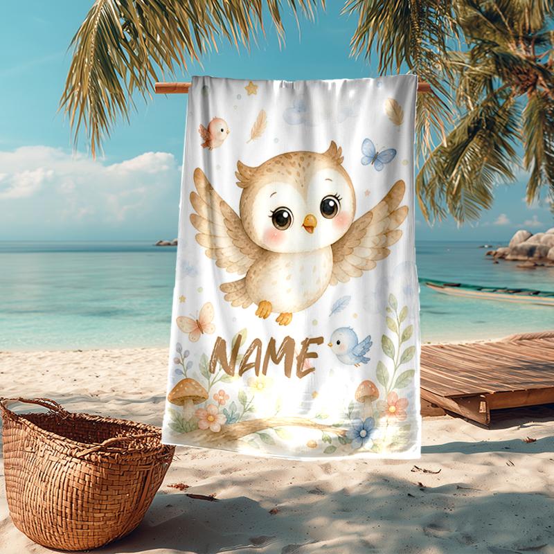 Custom Name Ultra-Soft Beach Towel with Owl Theme,Ideal for Pool - Camping, Diving - Perfect Travel Essential, Vibrant Beach Towel.