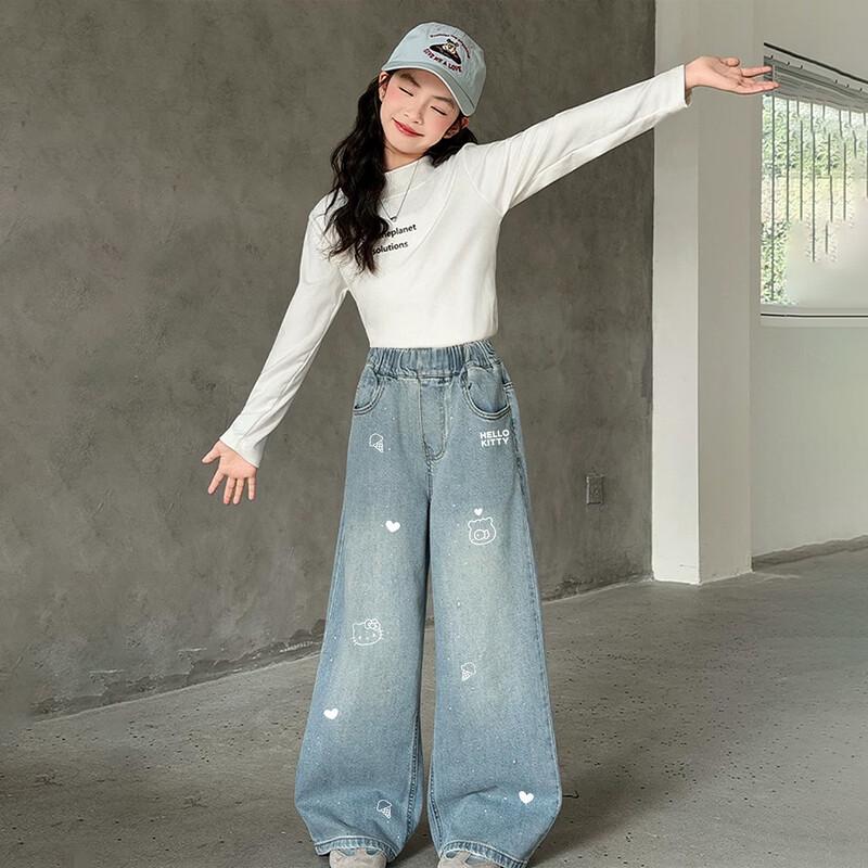 Hello Kitty Girls' 2026 Autumn Cartoon Print Loose Soft Jeans