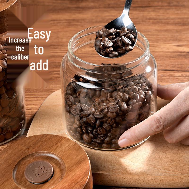 Glass Airtight Coffee Bean Jar with One-Way Vent and Wooden Lid for Food Storage and Preservation