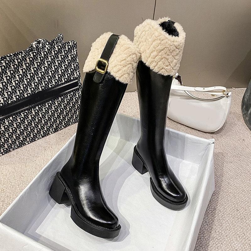 Zimowe wyszczuplające buty rycerskie do kolan brązowe długie buty wygodne kwadratowe obcasy zapinane na zamek błyskawiczny pasek klamra buty na platformie dla kobiet pluszowe krawędzie ciepłe buty gotyckie