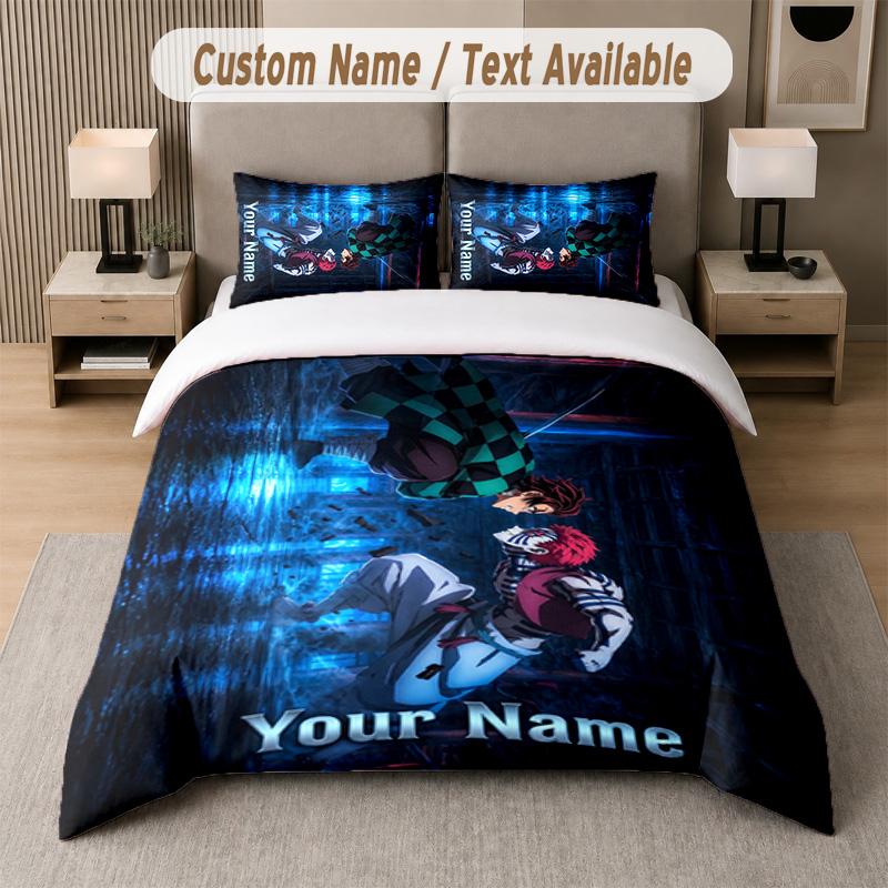 Demon Slayer 3Pcs Bedding Set, Personalized Custom Name Text, 1 Duvet Cover & 2 Pillowcases For Bedroom