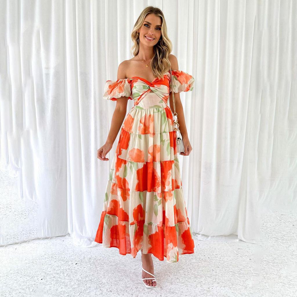 Summer Women's Fashion Print Pleated with Belt Ankel-Length V-Neck Dress