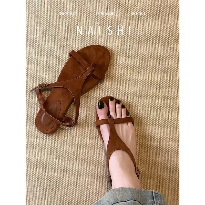 Sheepskin version! Korean version of the design sense flat sandals women's word with retro toe Roman sandals casual beach shoes
