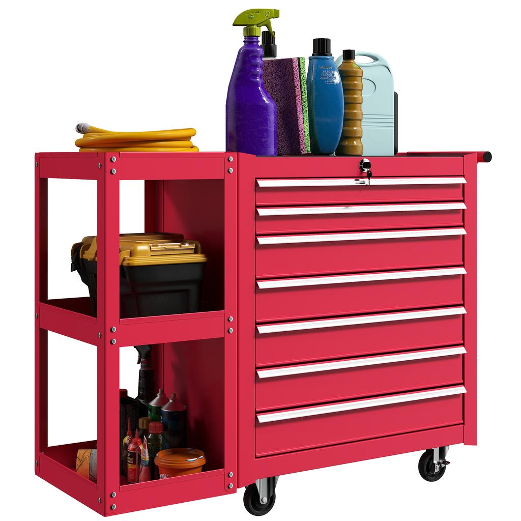 Workshop Cart Tool Cart with 7 Drawers, Removable Side Shelf, 4 Casters with Locking Brake, 96x33.5x75cm, Red