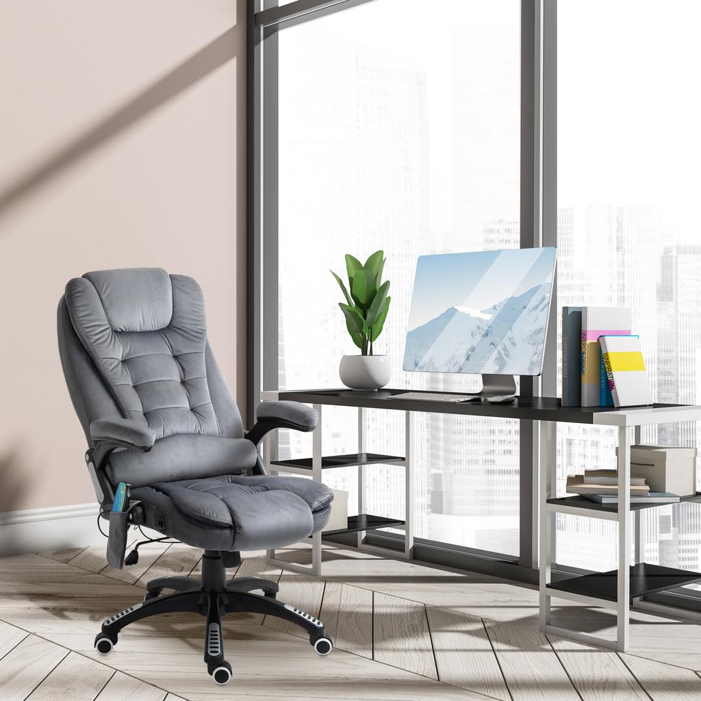 Massage Recliner Chair Heated Office Chair with Six Massage Points Velvet-Feel Fabric 360 degrees Swivel Wheels Grey