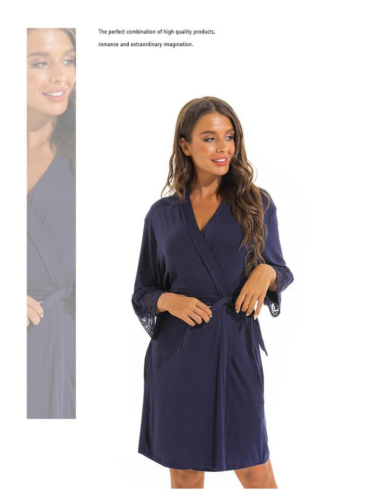 Plus Size Modal Cotton Lace Sleepwear - Women's Solid Color Loose Nightgown/Bathrobe
