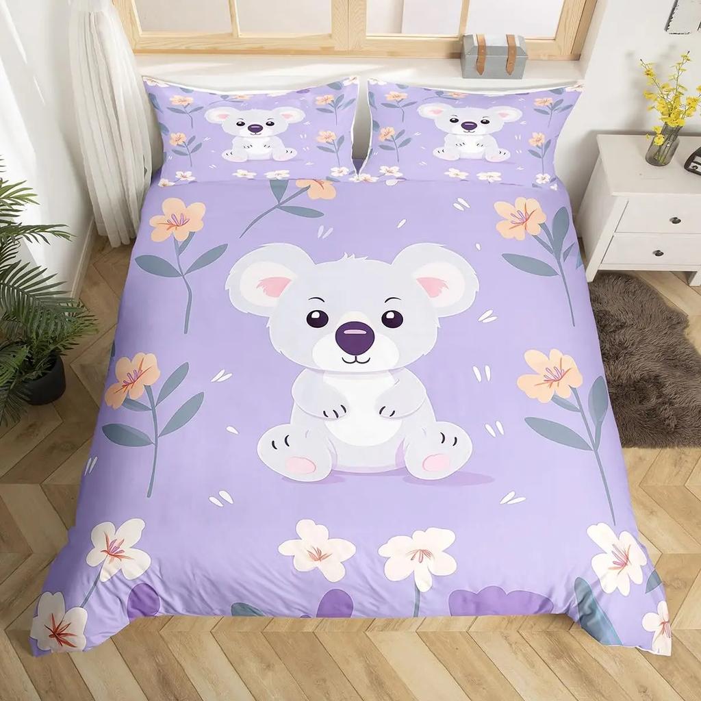 Cute Cartoon Koala Duvet Cover Set Botanical Blossom Floral Comforter Cover Kawaii Wild Animal Koala Bedding Set Twin Queen Size