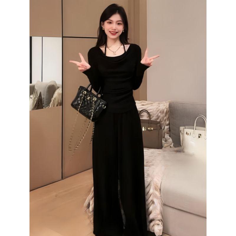 

Early Autumn Fashion Wear a Whole Set of Women s Pure Desire Style Fake Two-Piece Tops Loose Pants Two-piece Set and a and Suit Black Suit S(80-95)
