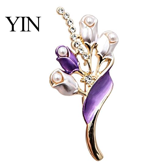 Elegant Alloy Jewelry Faux Pearl Tulip Brooch for Women, Bling Rhinestone Flower Decorative Shirt Brooches Lapel Pin, Dainty Clothing Wedding
