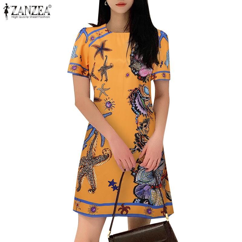 

ZANZEA Женское повседневное летнее платье с короткими рукавами и круглым вырезом с принтом S розовый