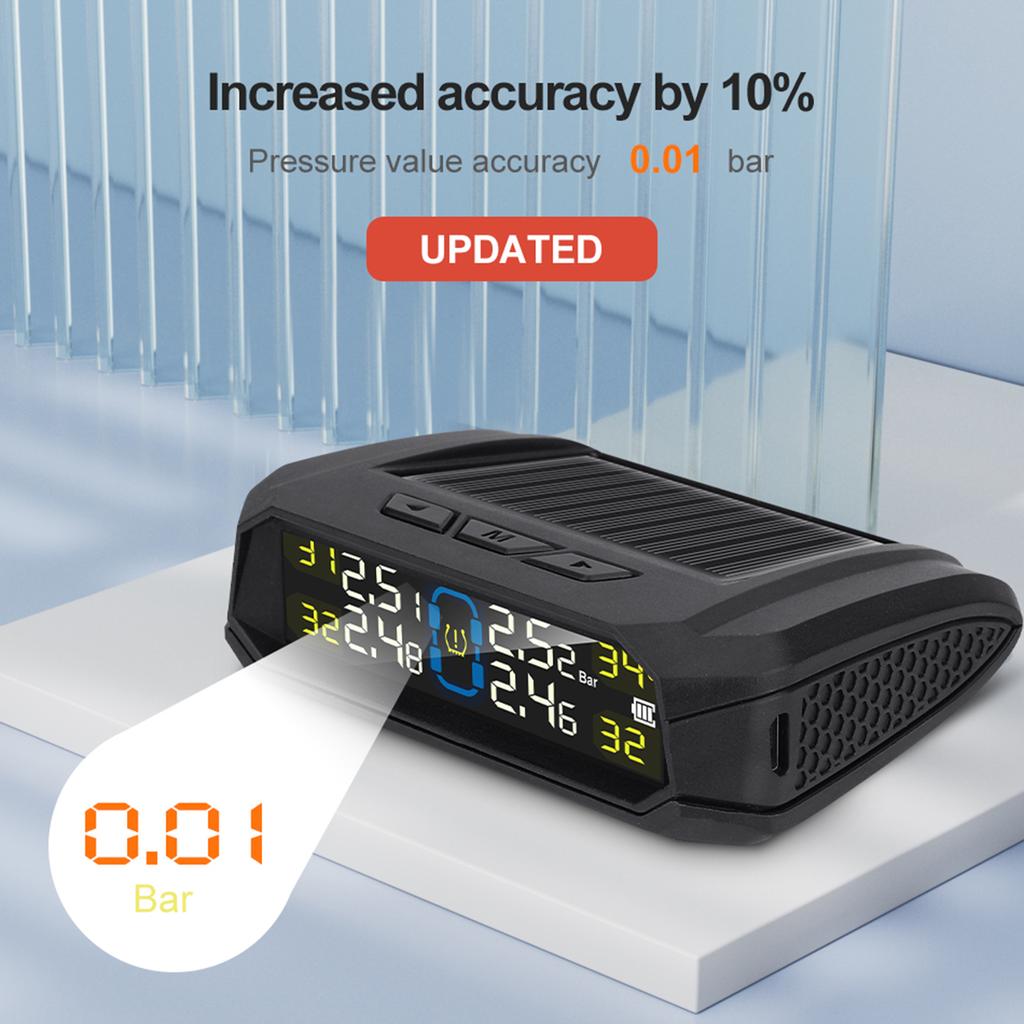 Wireless Tire Pressure Monitor HD LCD Display Real Time Alert Solar Powered USB Charging Tire Pressure Monitoring System