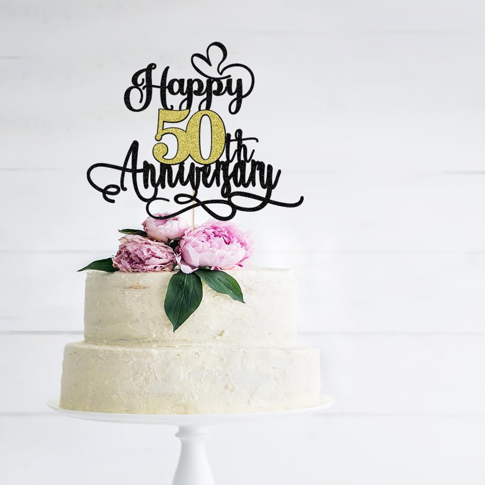 Black Gold Happy 50th Anniversary Cake Toppers- 50 Wedding Anniversary Party Decoration Ideas,Birthday Cake Decorations,50th Anniversary