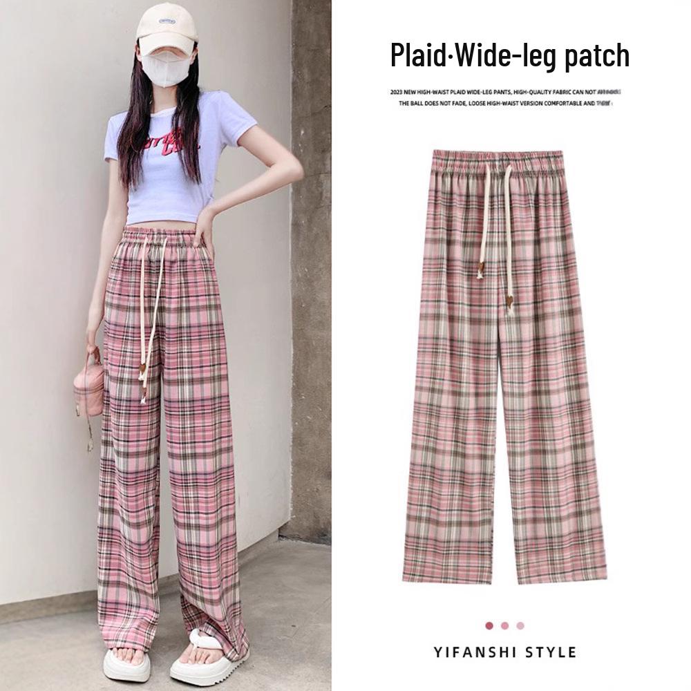 

Women s High Waist Pink Plaid Casual Pants - Spring/Autumn 2025, Loose-Fit, Floor-Length, Straight Leg, Slimming Style M (suitable for 96-105 kg)