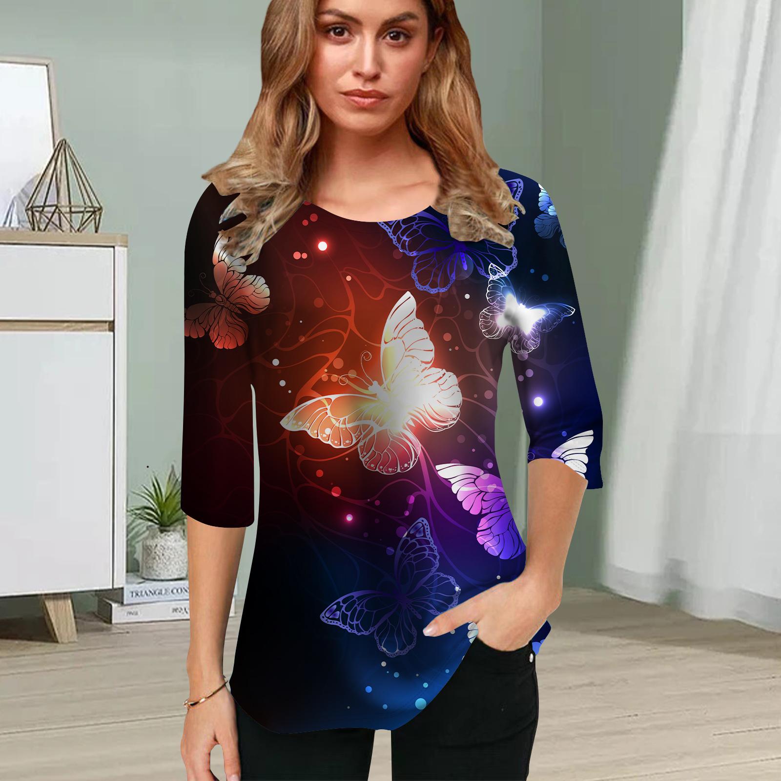 

Женская блузка с принтом 3D фиолетовых цветов и бабочек, топы с короткими рукавами, летние повседневные топы, футболка с круглым вырезом и короткими рукавами 8XL разноцветный