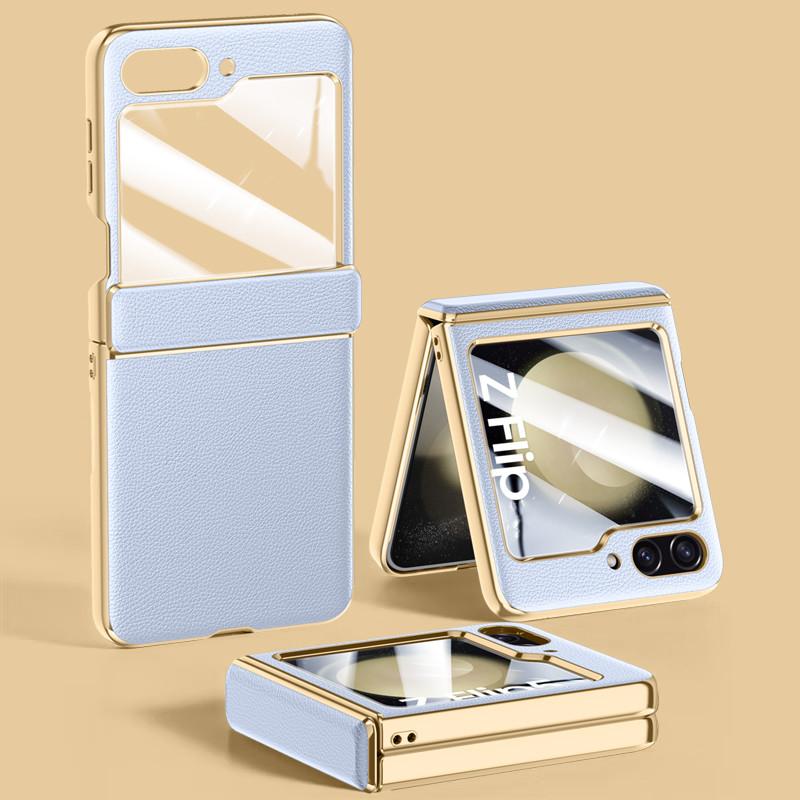 For Samsung Z Flip 5 Plating Leather Hinge Case for Samsung Galaxy Z Flip 5 Flip5 Zflip5 5G Shockproof Glass Film Bag Cases