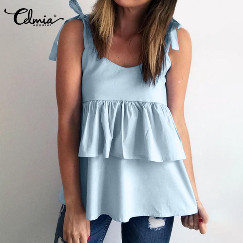 

Celmia Лето Женщины Без рукавов Ремешки Топы Сплошной цвет Оборки