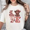 Damen Rosa Schottische Hochlandkuh Grafik T-Shirt Niedlicher Schottischer Kuhdruck mit Blumen & Herzen Weich Atmungsaktiv Leicht