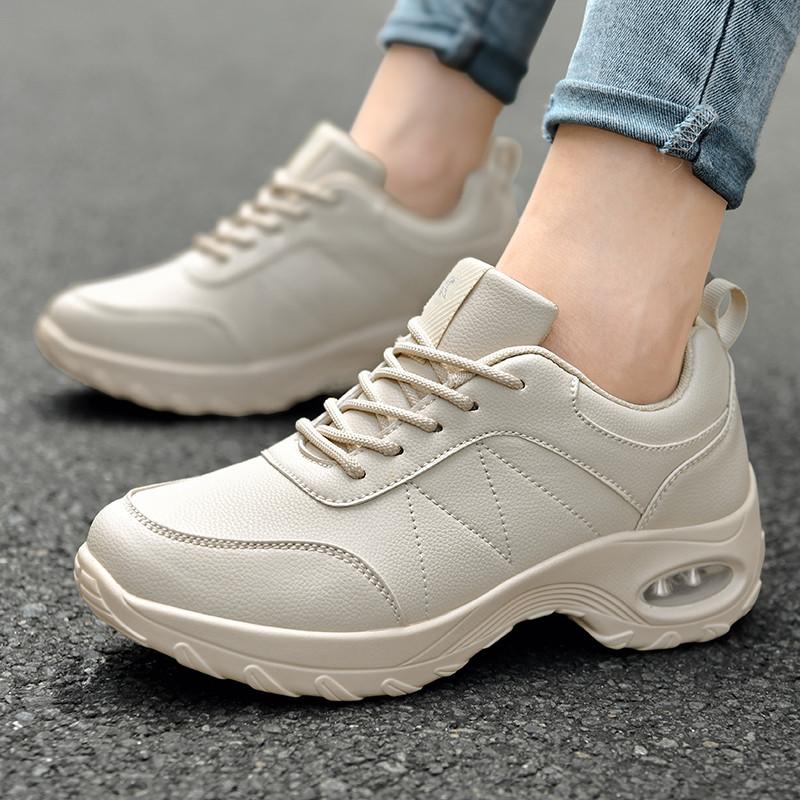 Waterproof Women's Walking Shoes Fashion Air-cushion Casual Sports Shoes Ladies Lace-up PU Leather Platform Shoes