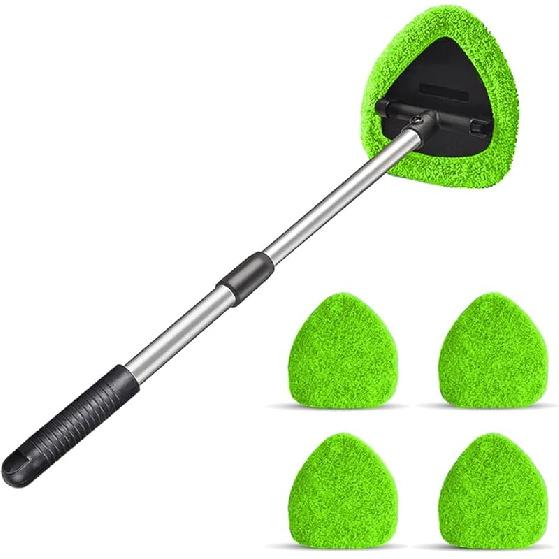 Windshield Cleaning Tool, Car Window Cleaner With 4 Washable Reusable Microfiber Pads, Extendable Long Handle Glass Wiper Cleaning Kit, Auto