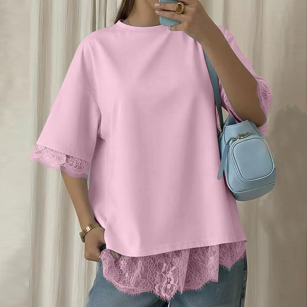 Womens Spring Tops Lace Hem Design Summer Shirts for Women Comfortable Womens Summer Shirts Loose Fit Dressy Tops for Women