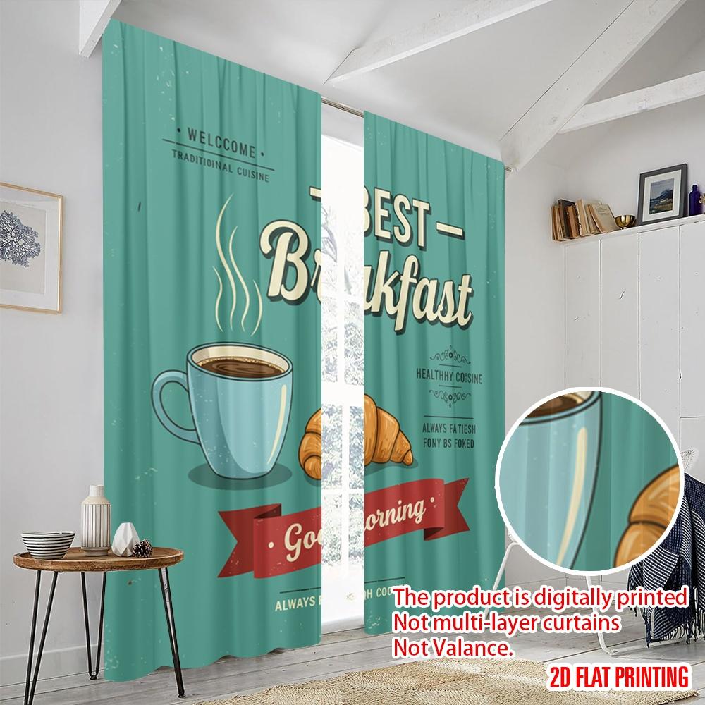 2pcs 2D flat printing Drapes Traditional Breakfast Coffee Croissant Polyester Without Electricity Festive Wall Decor Use for