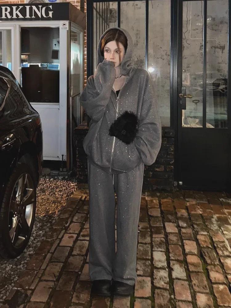 Women's Korean-Style Autumn Sporty Tracksuit: Casual Loose Cardigan Sweatshirt & Petite Sweatpants Two-Piece Set