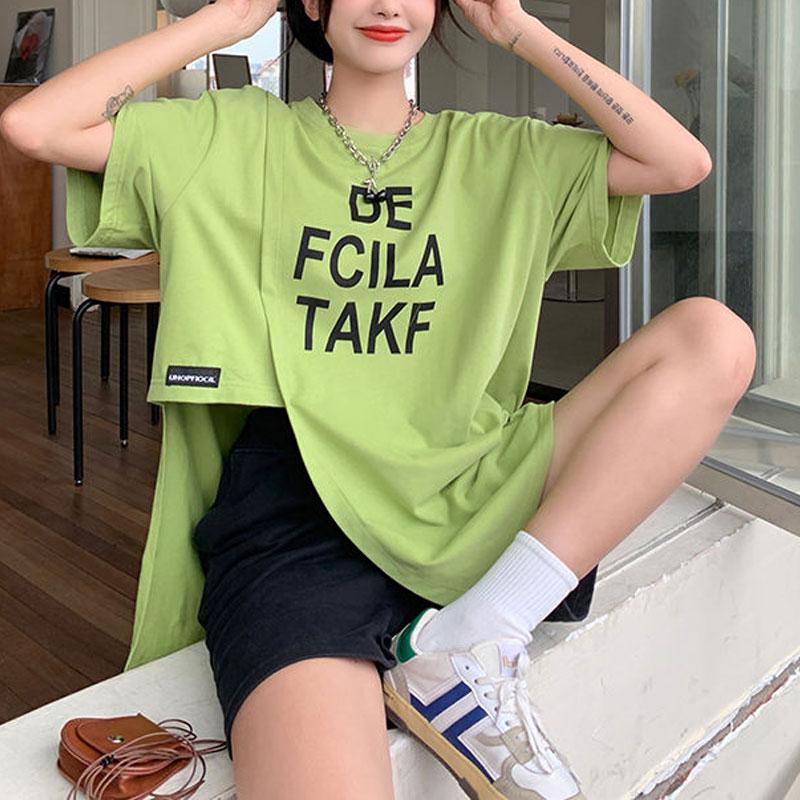 Fashion Asymmetrical Split Pullovers Women's Clothing Short Sleeve Korean Loose Spliced Summer Casual Letter Printed T-shirt New