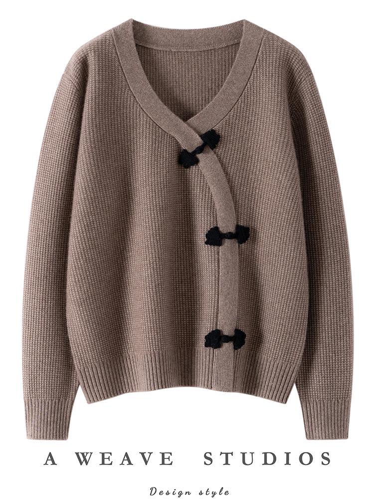 Autumn Winter Retro Ethnic Cashmere Cardigan for Women - Loose Fit Frog Button Knitwear, Fashionable Long Sleeve Sweater