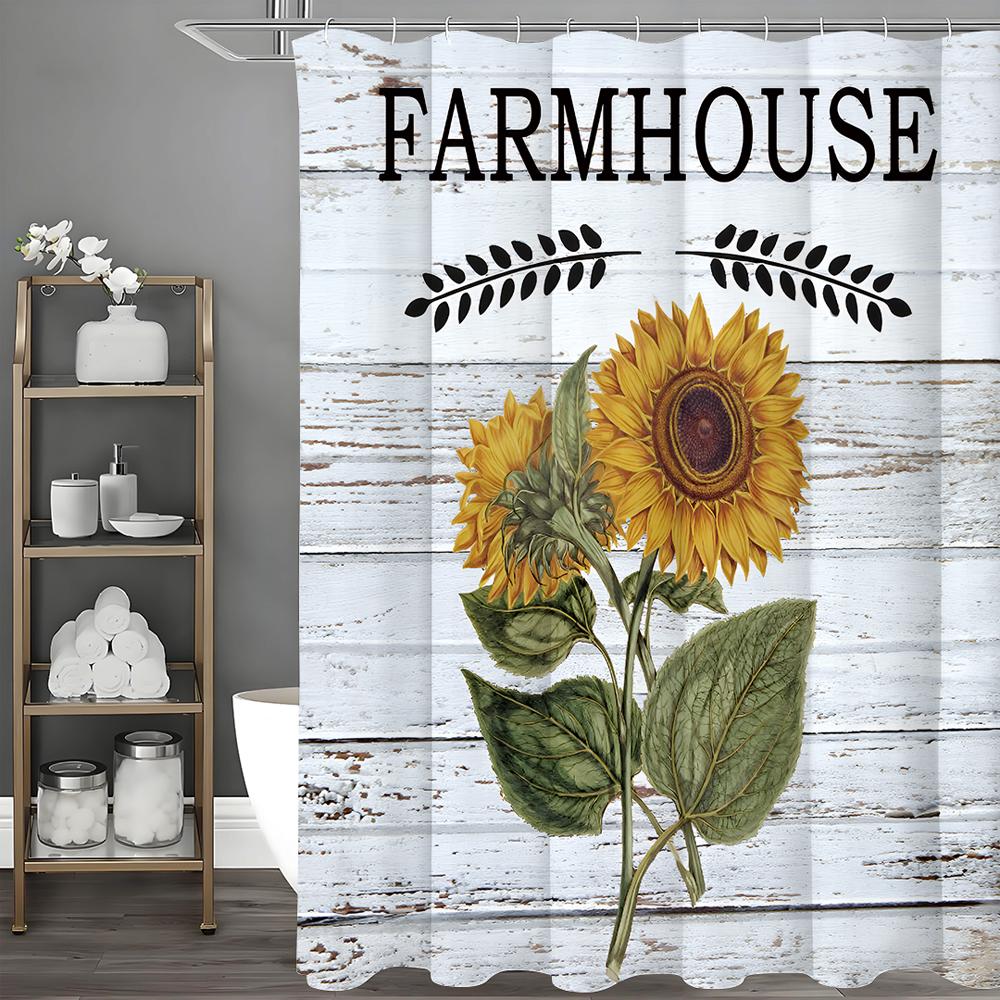 Sunflower Wood Panel Shower Curtain, Bathroom Decorative Shower Curtain, Waterproof Shower Curtain with Hooks